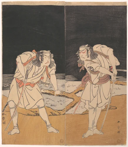 Duel Scene from the Kabuki Drama, "A Soga Pattern Dyed to Order" (Ōatsurae-zome Soga Hinagata) by Katsukawa Shunshô (勝川春章), print, 1774