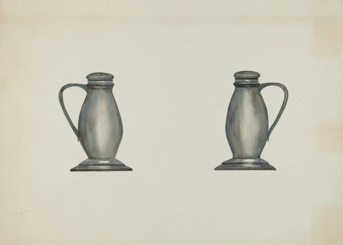 Pewter Salt and Pepper Shakers by Beulah Bradleigh, index of american design, 1937