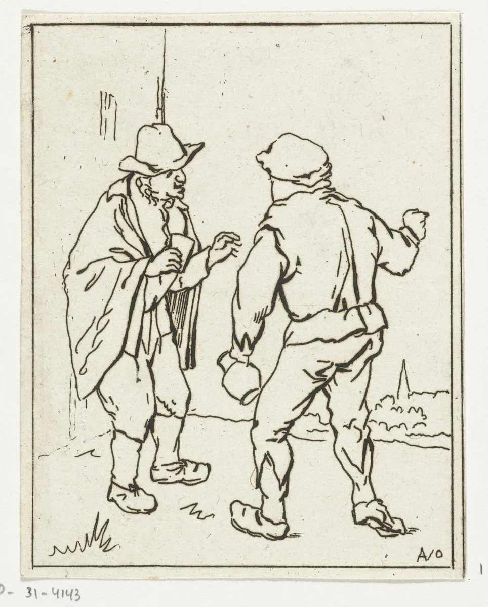 Twee staande mannen in gesprek by Anthonie van den Bos, print, 1778-1838