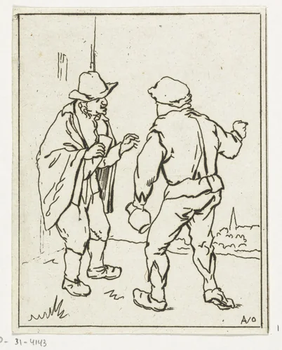 Twee staande mannen in gesprek by Anthonie van den Bos, print, 1778-1838