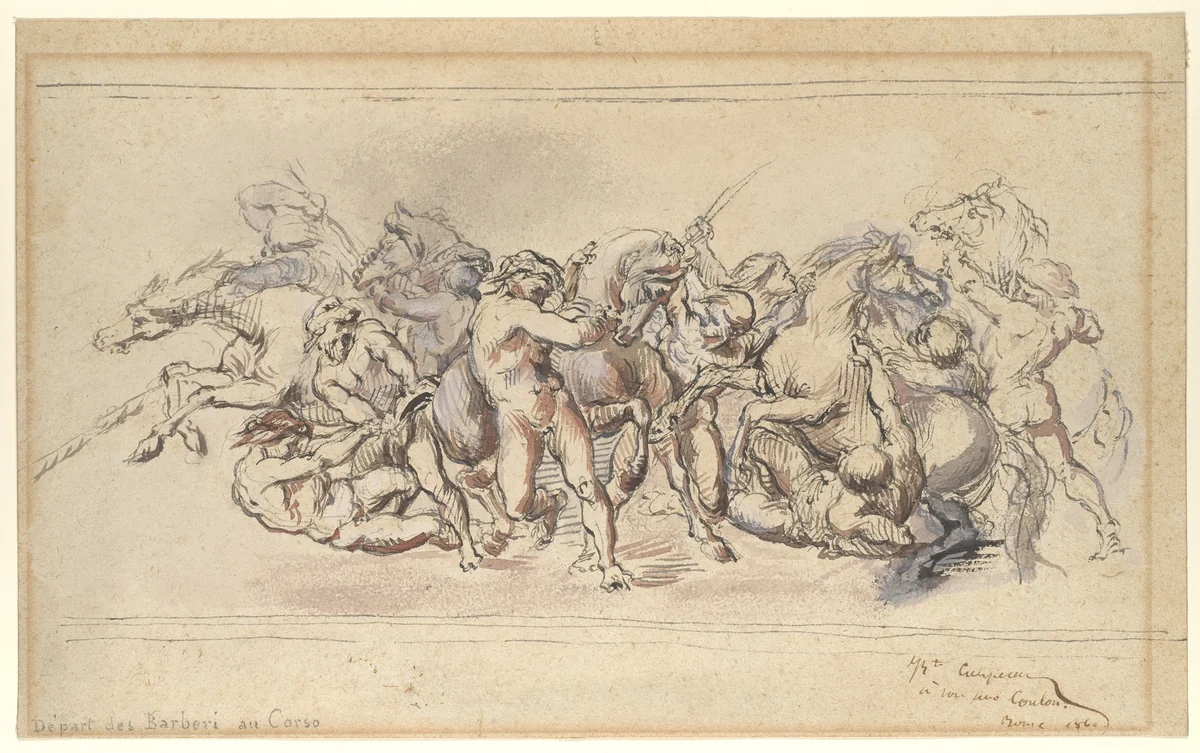 Start of the Race of the Barberi Horses, Rome by Jean Baptiste Carpeaux, drawing, 1860