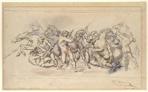 Start of the Race of the Barberi Horses, Rome by Jean Baptiste Carpeaux, drawing, 1860