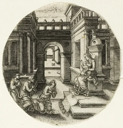 The Virgin Seated on an Altar by Jean de Gourmont, print, 1520-1540