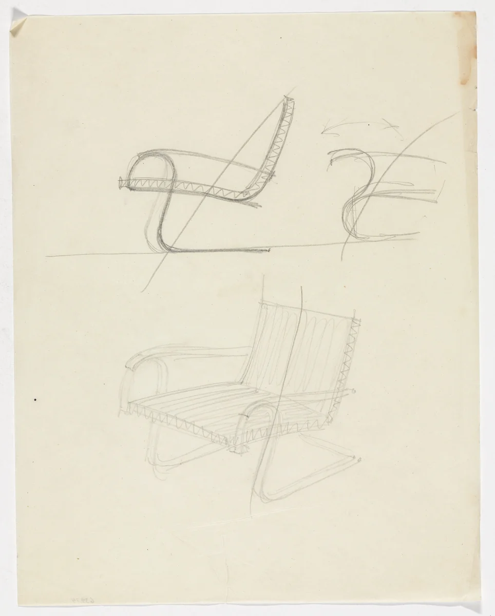 Lounge Chair with Arms (Perspective sketch; two elevation sketches) by Ludwig Mies van der Rohe, mies van der rohe archive, 1926