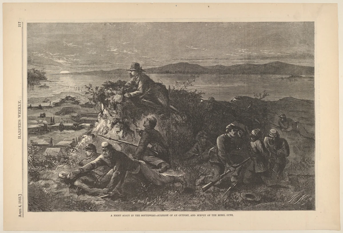 A Night Scout in the Southwest – Surprise of an Outpost, and Survey of the Rebel Guns (from "Harper's Weekly") by Thomas Nast, print, 1863