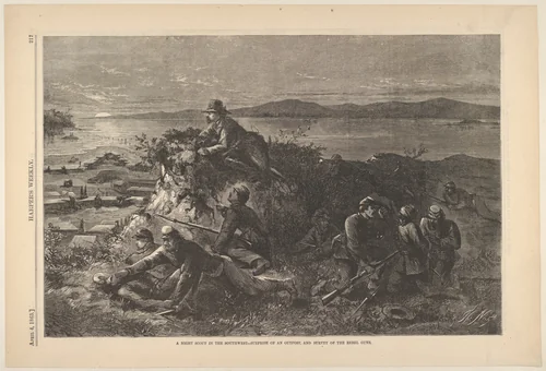 A Night Scout in the Southwest – Surprise of an Outpost, and Survey of the Rebel Guns (from "Harper's Weekly") by Thomas Nast, print, 1863