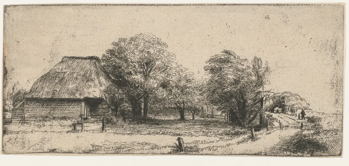 Boomgaard met een schuur by anonymous, print, 1630-1700