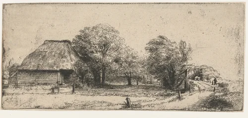 Boomgaard met een schuur by anonymous, print, 1630-1700