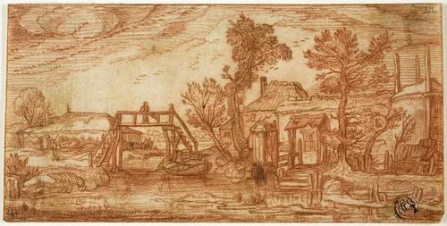 Canal with Bridge and Houses by Jan van de Velde, drawing, 1656-1672