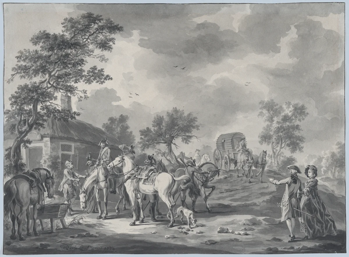 A Gathering of Horsemen and a Coach near a Watering Place by Dirk Langendijk, drawing, 1776