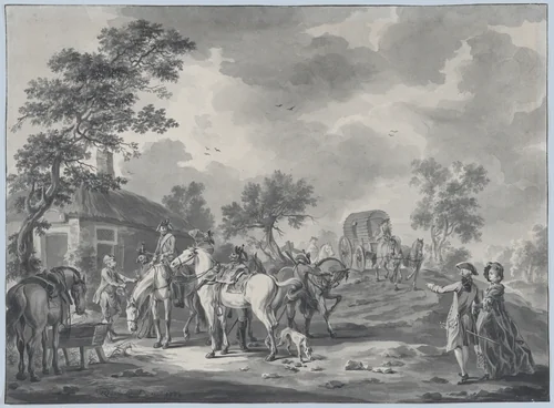 A Gathering of Horsemen and a Coach near a Watering Place by Dirk Langendijk, drawing, 1776