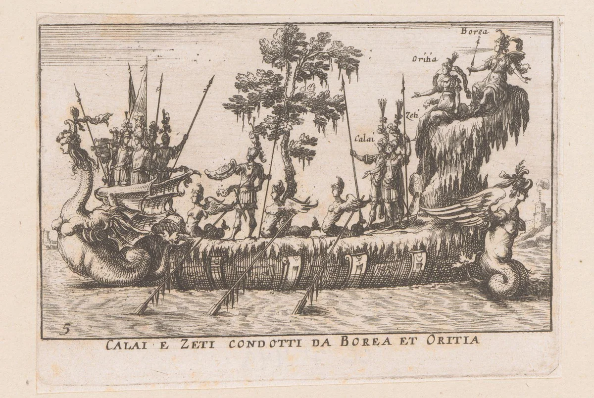 Schip met fantastische wezens en Calai, Zeti, Boreas en Oreithyia by anonymous, print, 1635