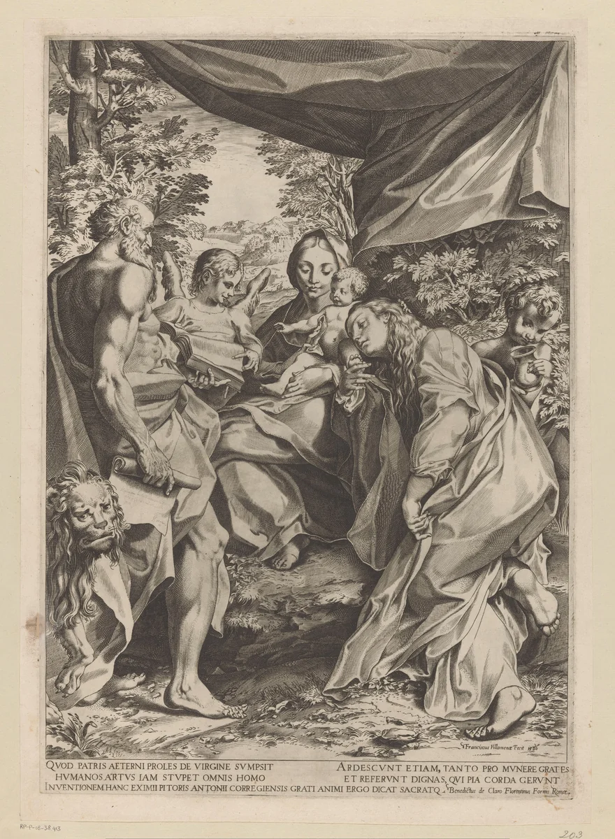 Maria met Kind en de heilige Hieronymus en Maria Magdalena by Unknown, print, 1586