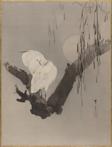 Egrets in a Tree at Night by Watanabe Seitei (渡辺省亭), painting, 1877-1897