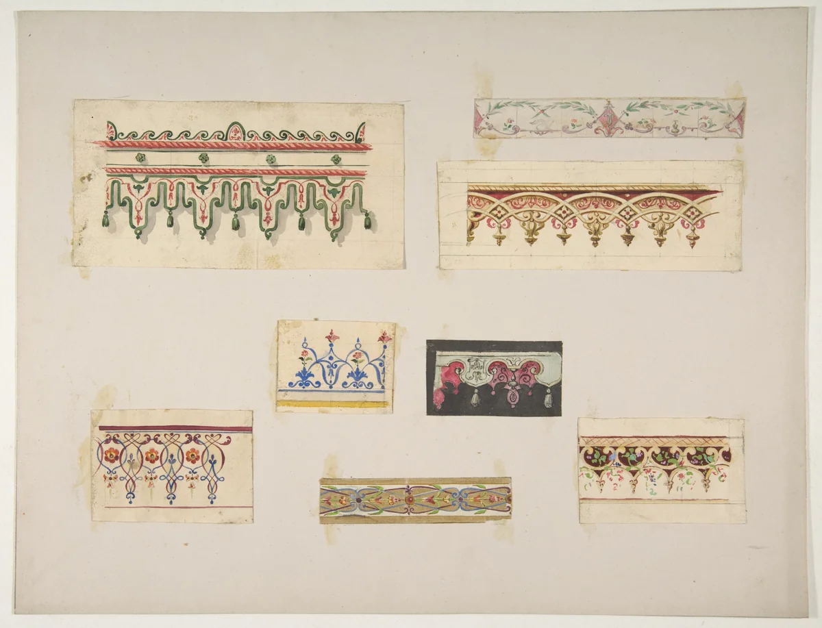 Eight designs for decorative borders by Jules-Edmond-Charles Lachaise, drawing, 1830-1897
