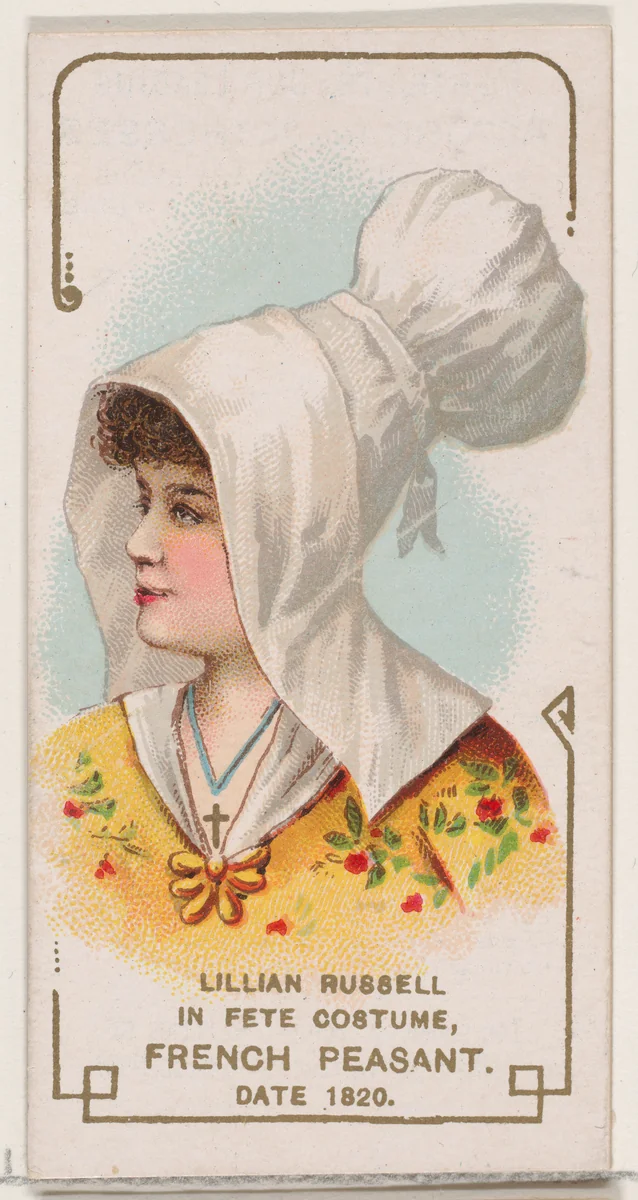 Lillian Russell in Fete Costume of French Peasant of 1820, from the set Actors and Actresses, First Series (N70) for Duke brand cigarettes by W. Duke, Sons & Co., print, 1888-1889