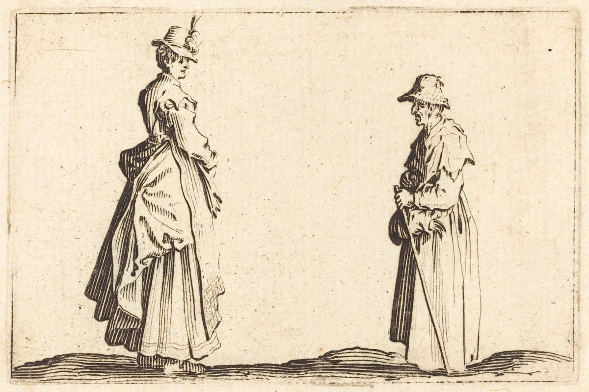 Two Women in Profile by Jacques Callot, print, 1622