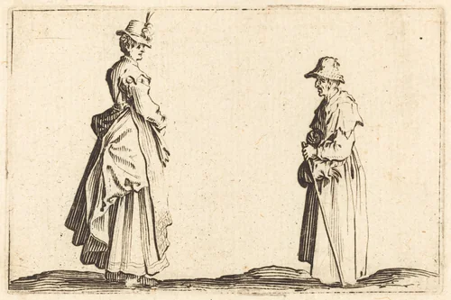 Two Women in Profile by Jacques Callot, print, 1622