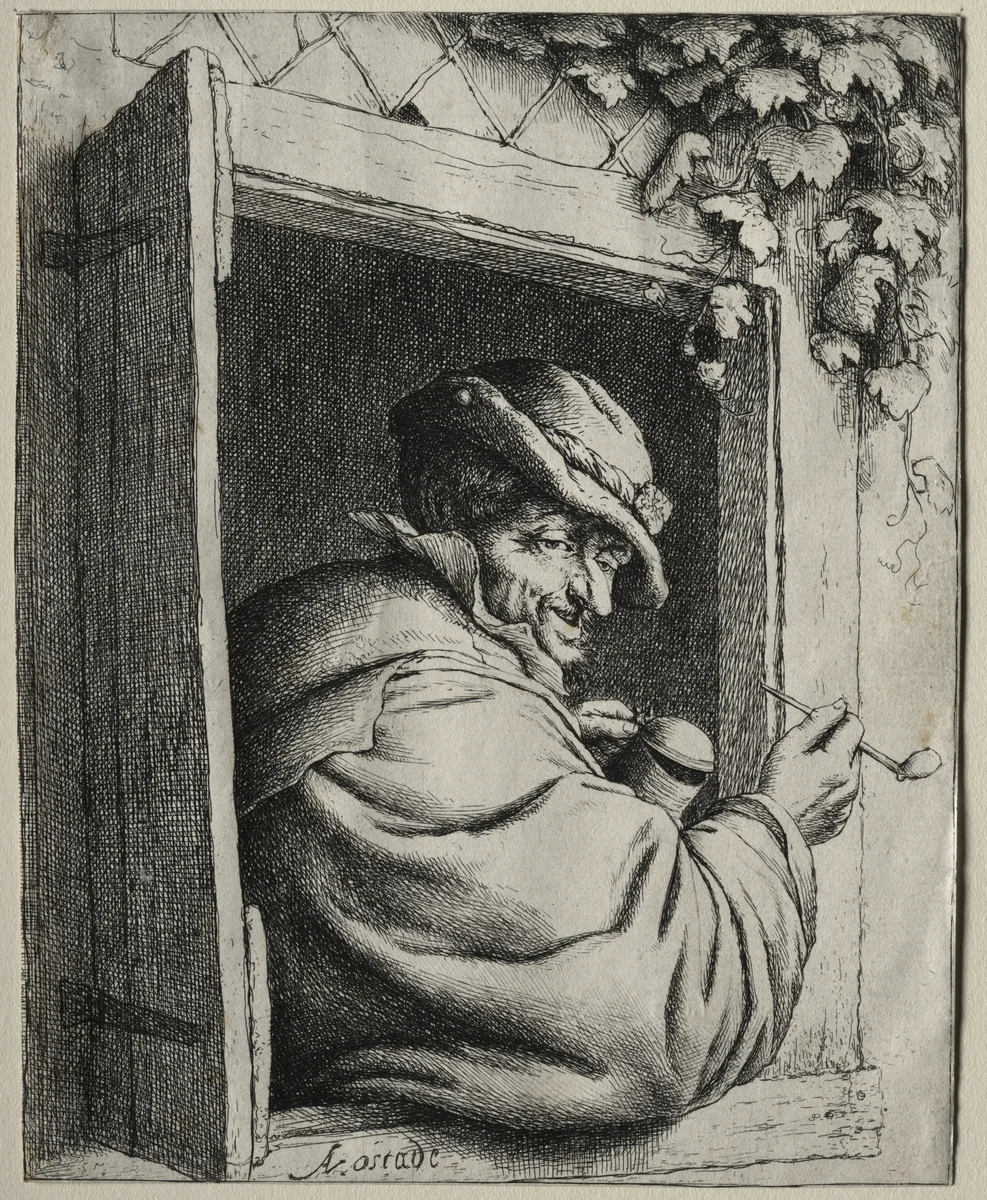 The Smoker at the Window by Adriaen van Ostade, print, 1653-1655