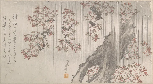 Cherry Blossoms in the Rain by Ryūryūkyo Shinsai (柳々居辰斎), print, 1800-1899