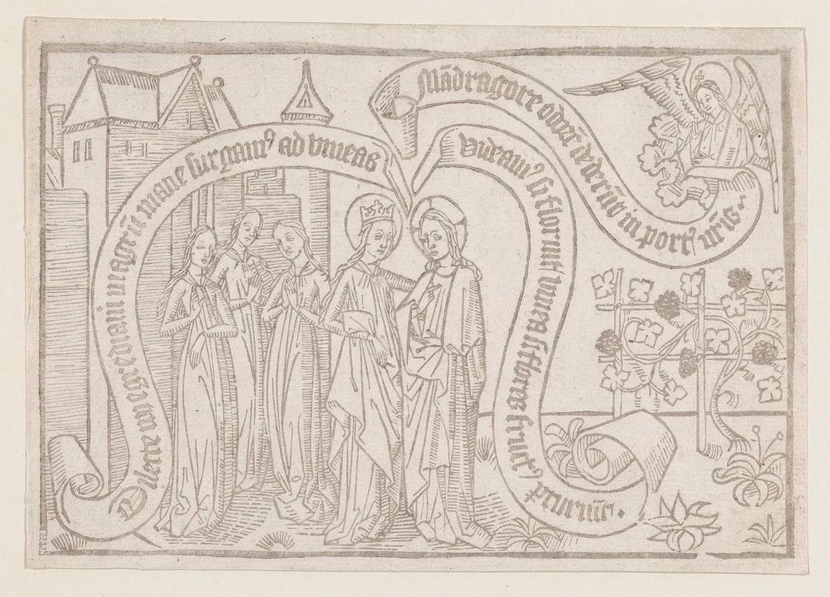 Come My Beloved, Let Us Go Forth Into the Field, illustration from a Canticum Canticorum blockbook, 2nd edition by anonymous, print, 1460-1470