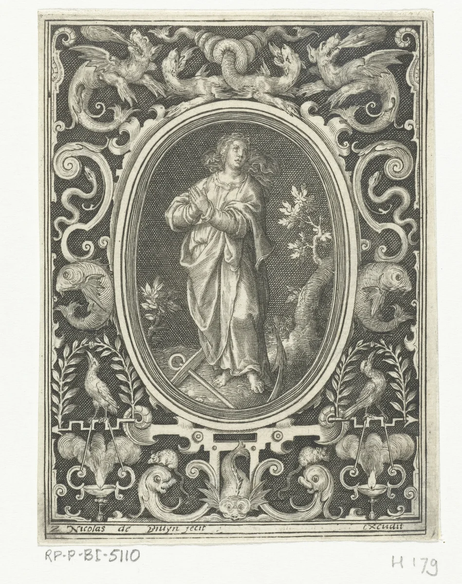 Hoop in ovale lijst binnen rechthoekige omlijsting met ornamenten by Nicolaes de Bruyn, print, 1581-1656