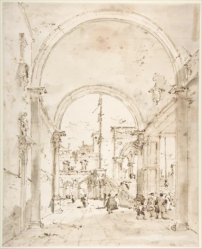 Architectural Capriccio: Grand Staircase Seen through an Archway by Francesco Guardi, drawing, 1712-1793
