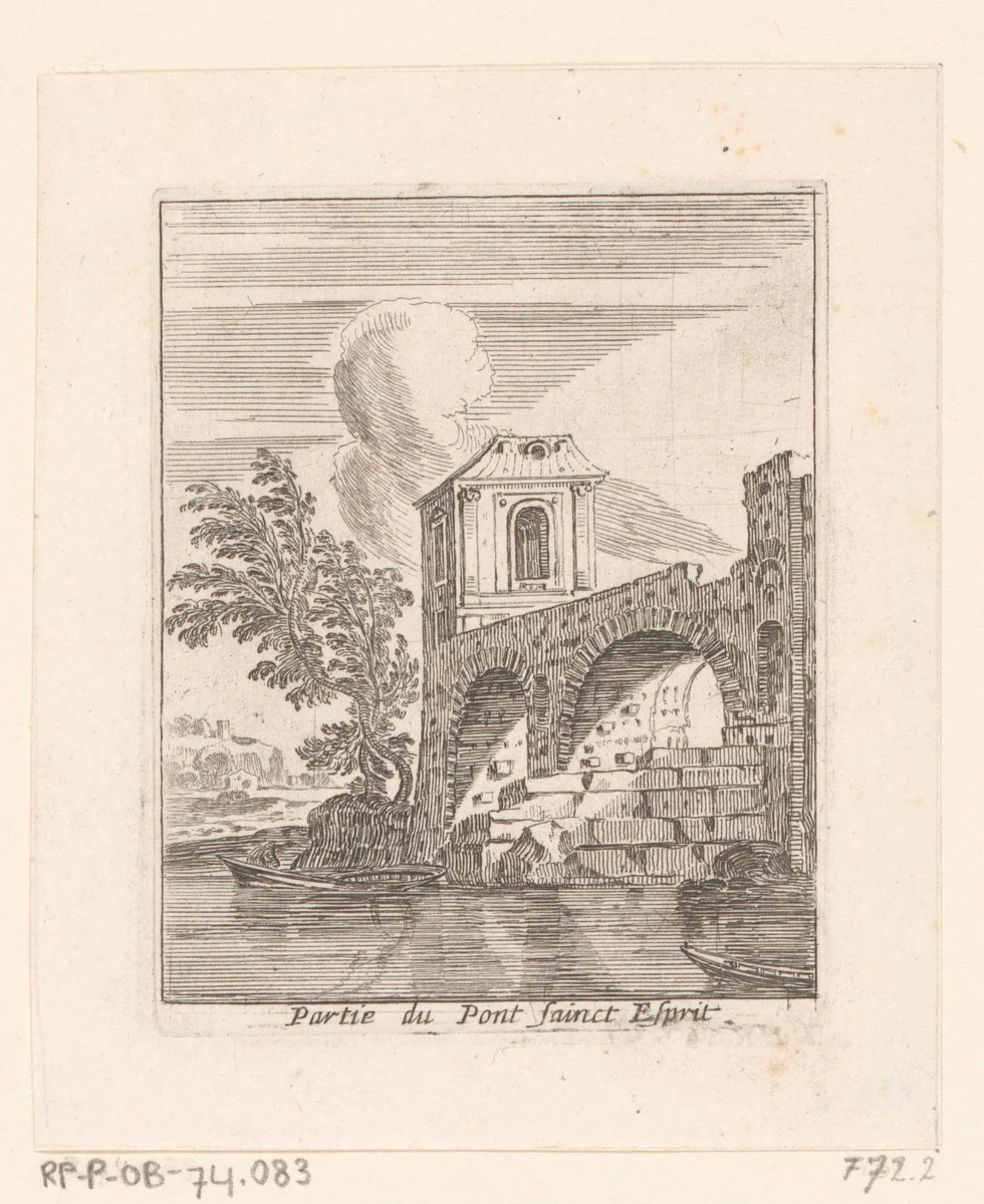 Gezicht op een deel van de Pont-Saint-Esprit by Israël Silvestre, print, 1631-1661