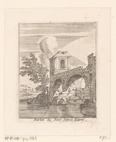 Gezicht op een deel van de Pont-Saint-Esprit by Israël Silvestre, print, 1631-1661