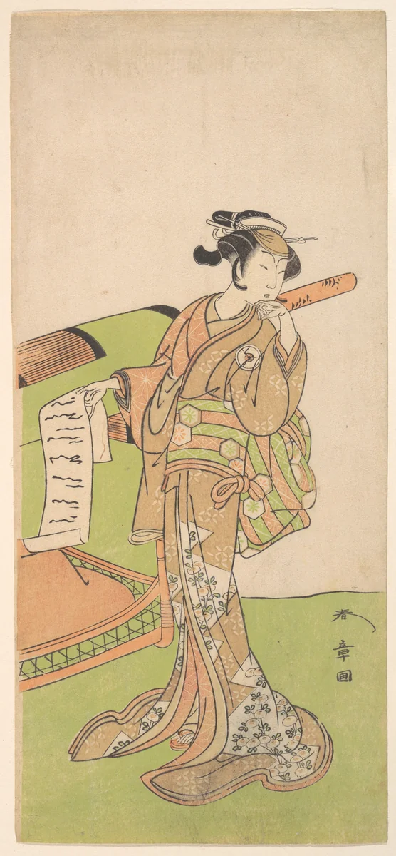 The Actor Iwai Hanshiro IV in Female Role, Standing Beside a Litter by Katsukawa Shunshô (勝川春章), print, 1726-1792