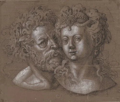 Mans- en een vrouwenhoofd by Jost Amman, drawing, 1585