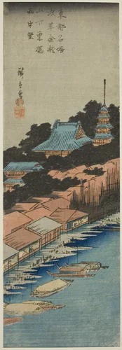 Rain at Azuma Bridge below Kinryuzan Temple in Asakusa (Asakusa Kinryuzan shita Azuma Bashi uchu bo), from the series "Famous Views of the Eastern Capital (Toto meisho)" by Utagawa Hiroshige (歌川広重), print, 1830-1843