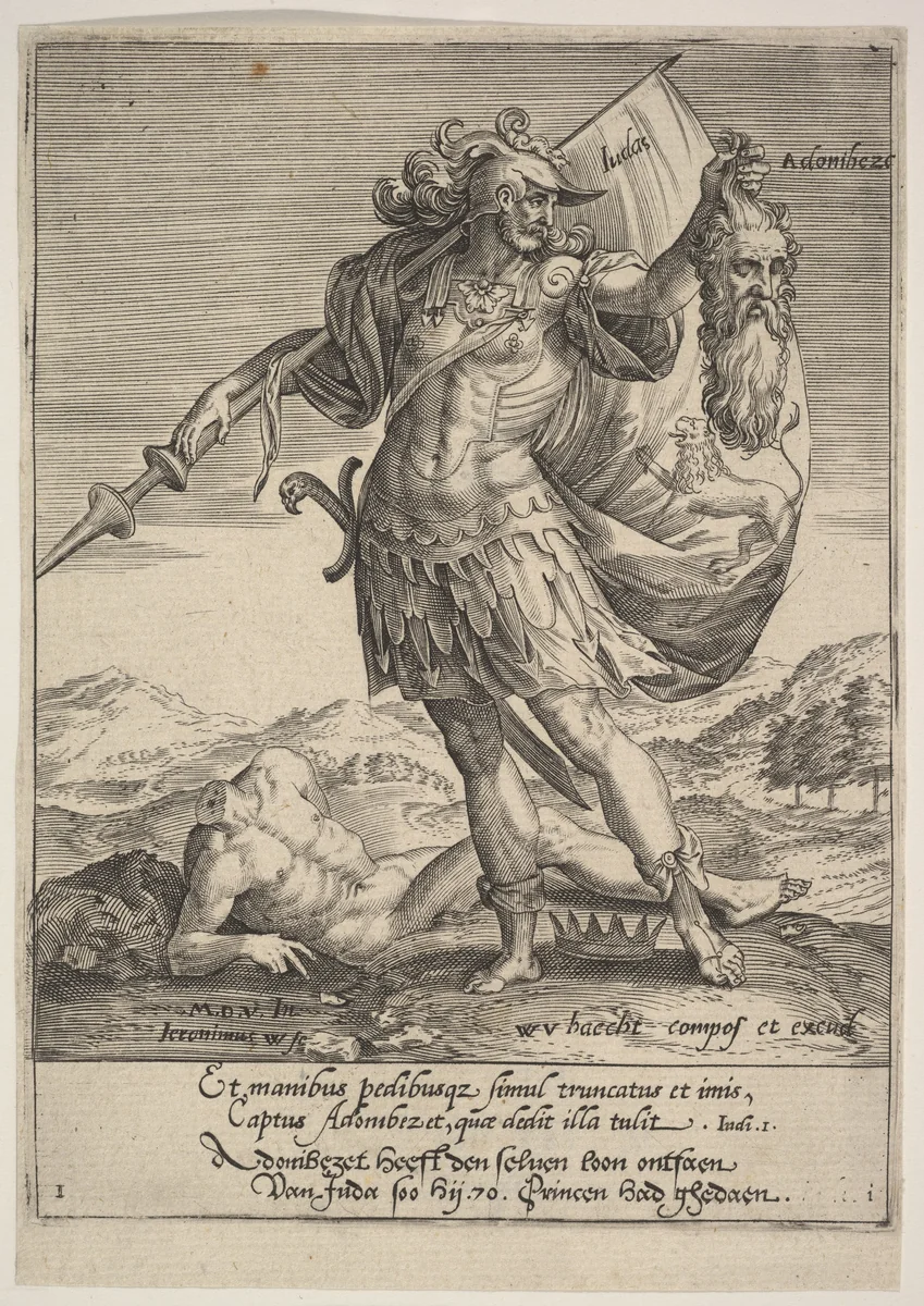 Judah with the Head of Adonibezek, from "Tyrannorum Proemia" by Maerten de Vos, print, 1578