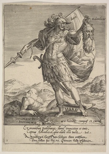 Judah with the Head of Adonibezek, from "Tyrannorum Proemia" by Maerten de Vos, print, 1578