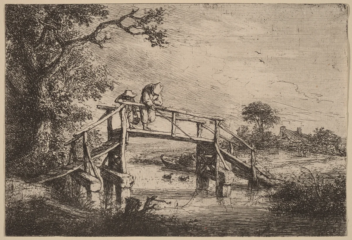 Landscape with a Bridge and Two Fishermen by Adriaen van Ostade, print, 1647-1657