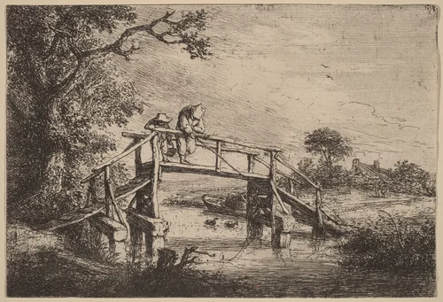 Landscape with a Bridge and Two Fishermen by Adriaen van Ostade, print, 1647-1657