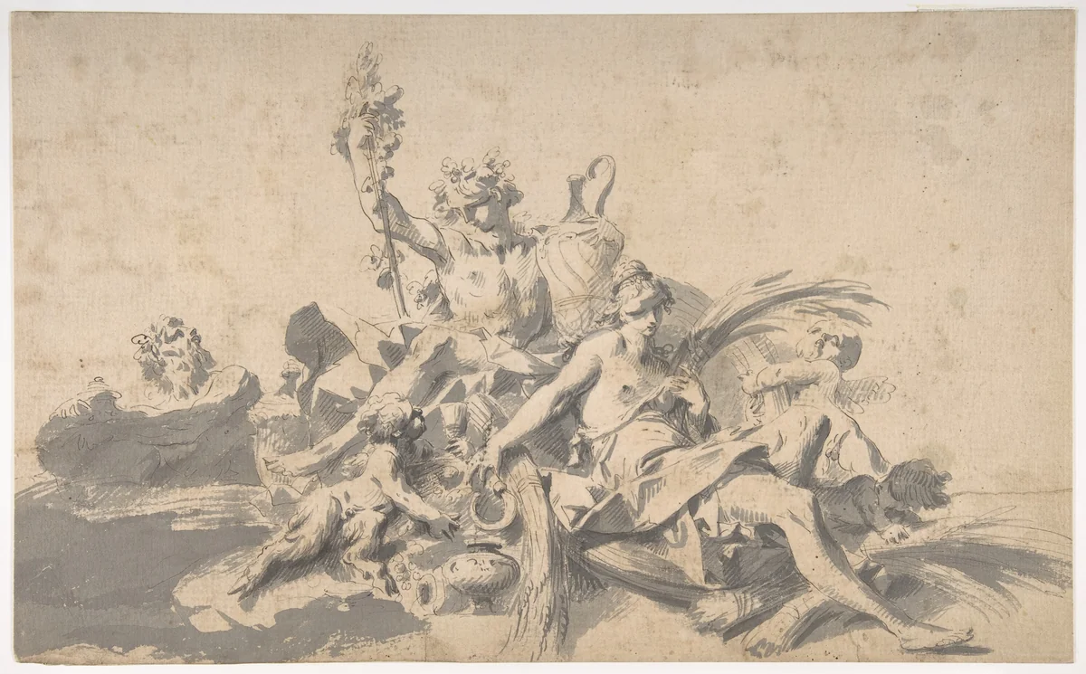 Bacchus and Ceres Attended by Putti and a Marine Deity by Sebastiano Galeotti, drawing, 1676-1746