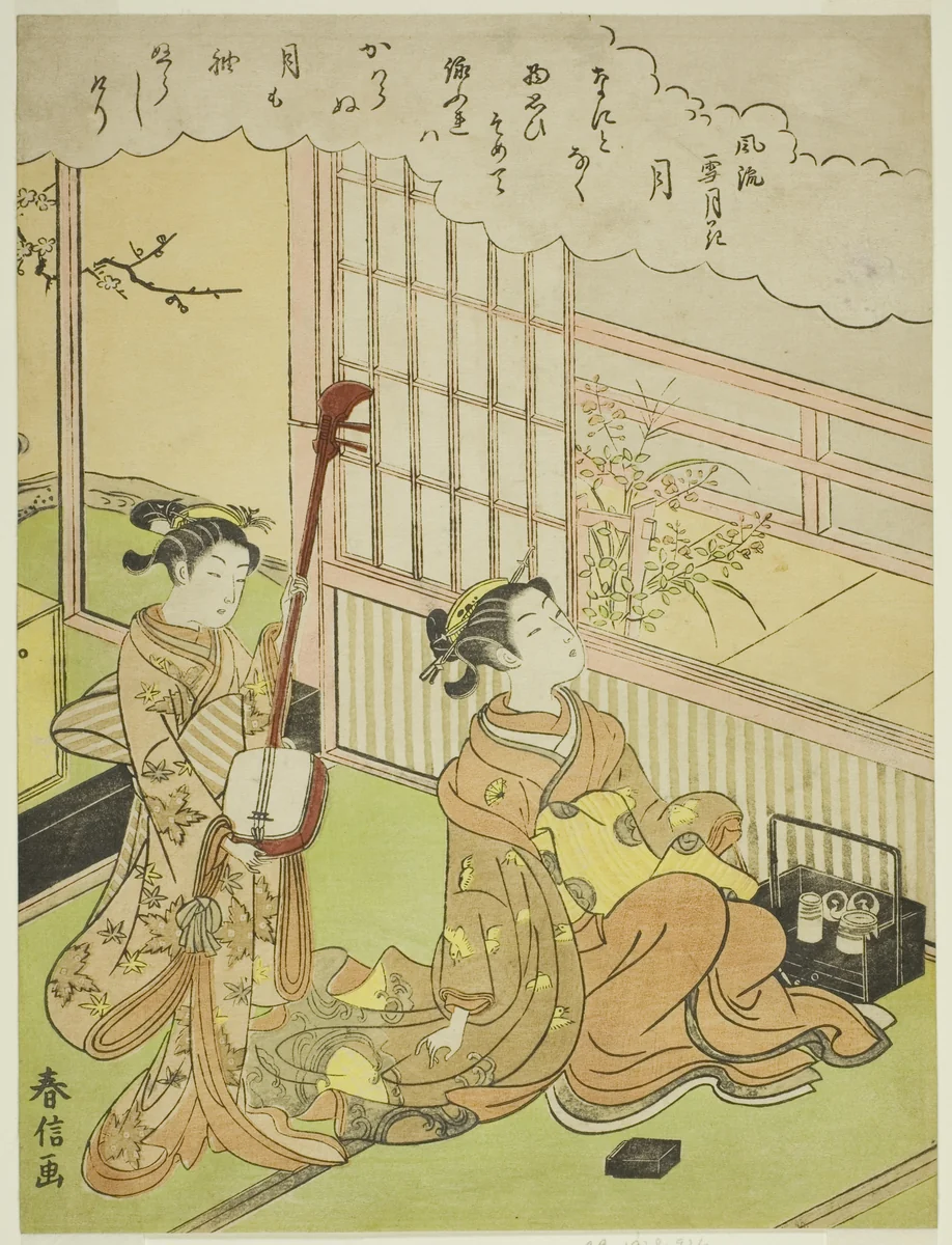 The Moon (Tsuki), from the series "Fashionable Scenes of Snow, Moon and Flowers (Furyu setsugekka)" by Suzuki Harunobu (鈴木春信), print, 1763-1770