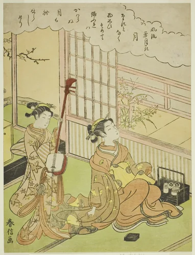 The Moon (Tsuki), from the series "Fashionable Scenes of Snow, Moon and Flowers (Furyu setsugekka)" by Suzuki Harunobu (鈴木春信), print, 1763-1770