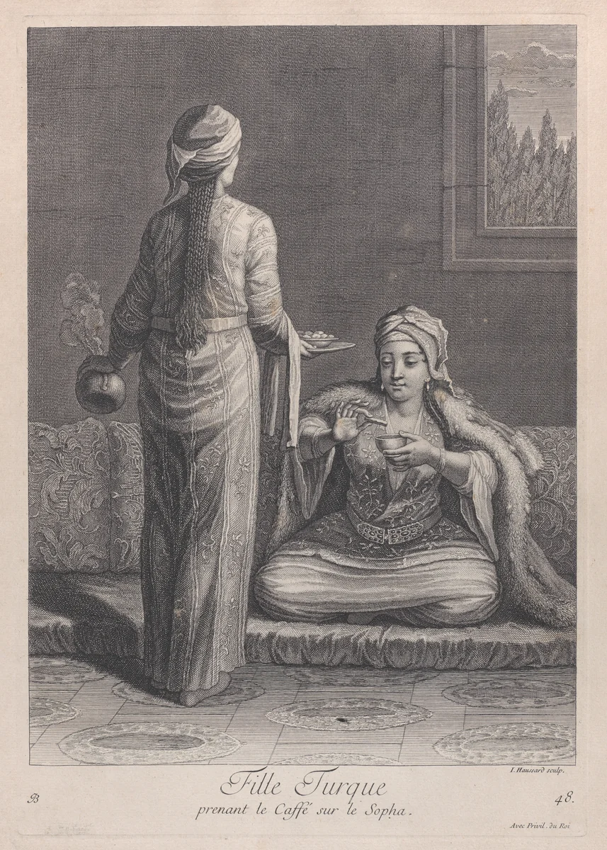 Fille Turque, prenant le Caffé sur le Sopha, plate 48 from "Recueil de cent estampes représentent differentes nations du Levant" by Jean Baptiste Vanmour, print, 1714-1715