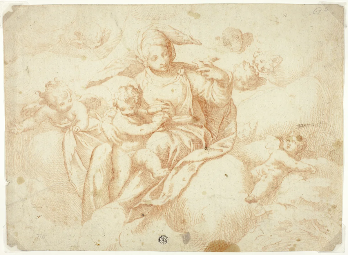 Virgin and Child Seated on Clouds by Paolo Farinati, drawing, 1600-1699