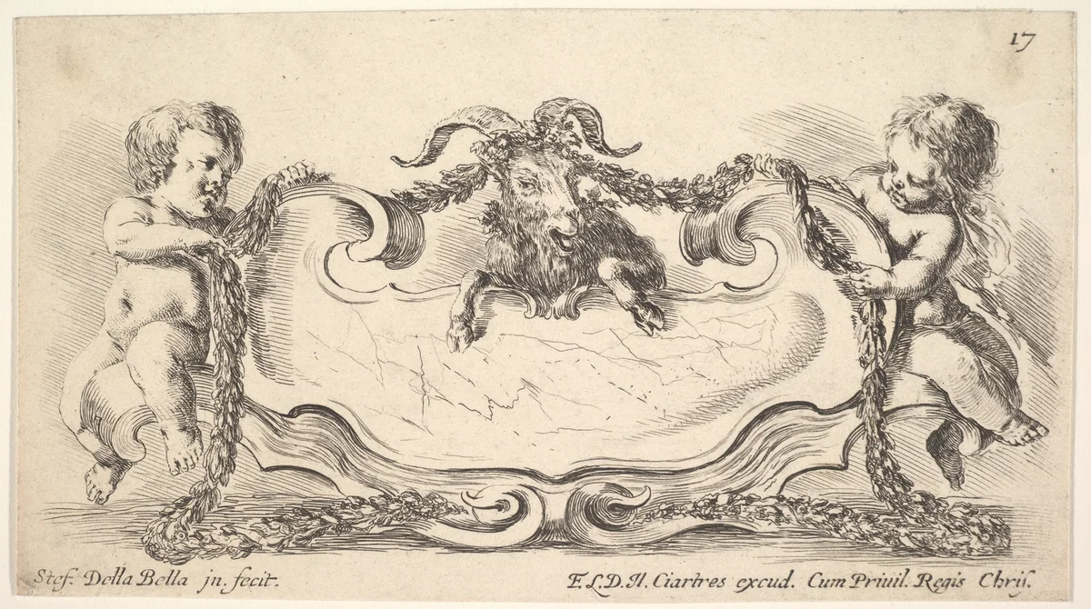 Plate 17: A cartouche with a marble center, an infant on either side holding a garland over the horns of a ram in center, from "Collection of various caprices and new inventions of cards and ornaments" (Raccolta di varii cappriccii et nove inventioni di cartelle et ornamenti) by Stefano della Bella, print, 1646