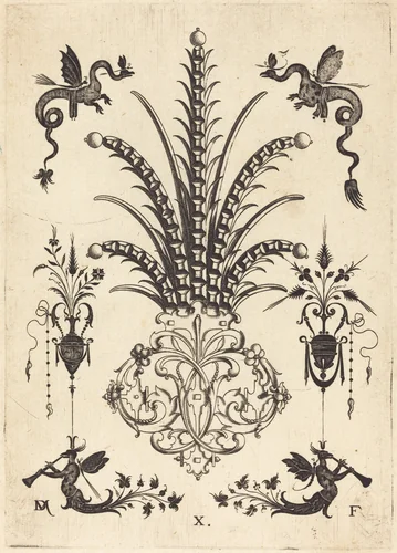 Brooch with Table-Stones, Dragons at Top, andWinged Monsters Blowing Horns at Bottom by Daniel Mignot, print, 1596