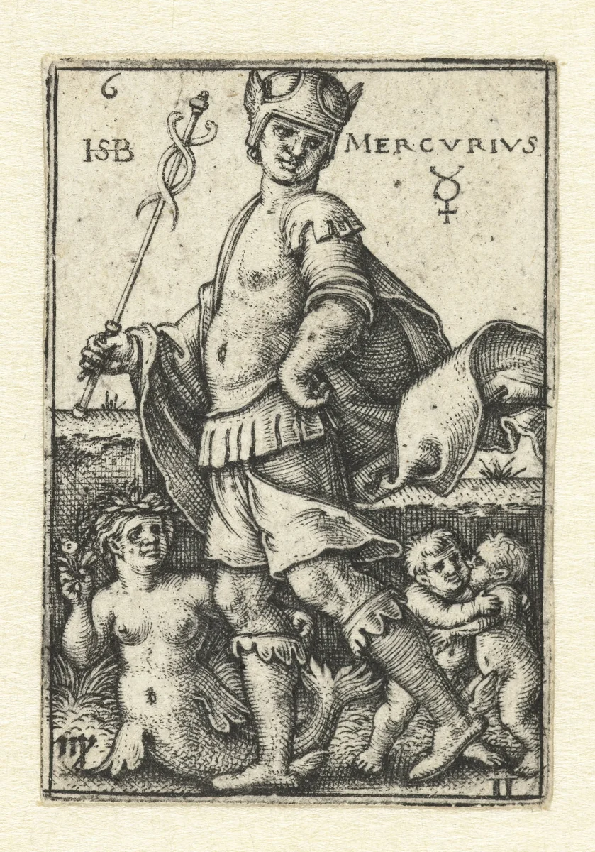 Mercurius met sterrenbeelden Maagd en Tweelingen by Unknown, print, 1539
