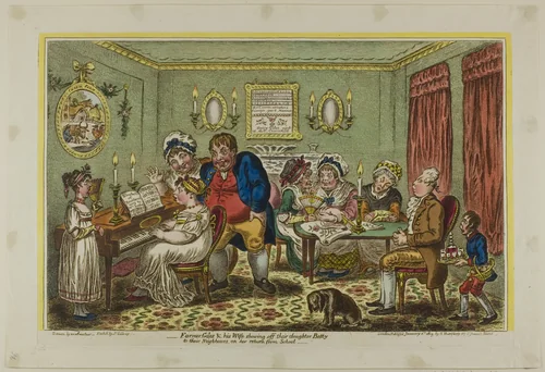 Farmer Giles & His Wife Shewing off their Daughter Betty to their Neighbors, on her Return from School by James Gillray, print, 1809