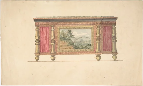 Design for Sideboard with Inset Landscape by anonymous, drawing, 1800-1850
