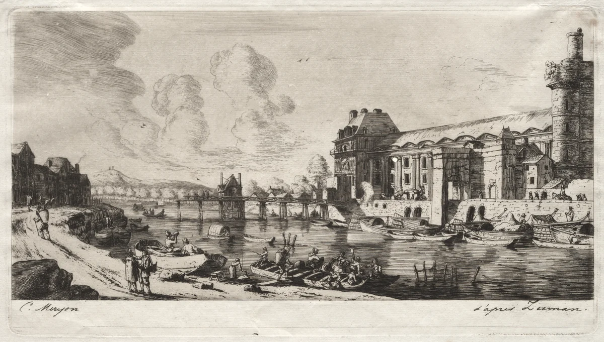 The Pavillon de Mademoiselle and part of the Louvre by Charles Meryon, print, 1849