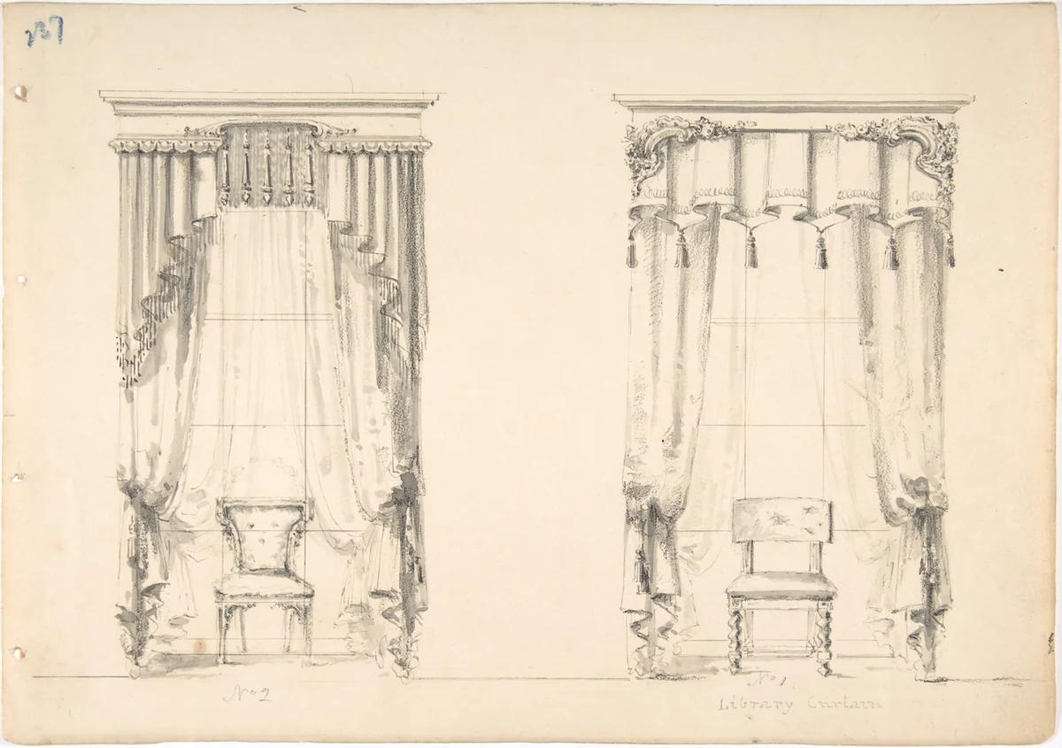 Design for Two Tasseled Curtains, Shown with Chairs by anonymous, drawing, 1800-1850