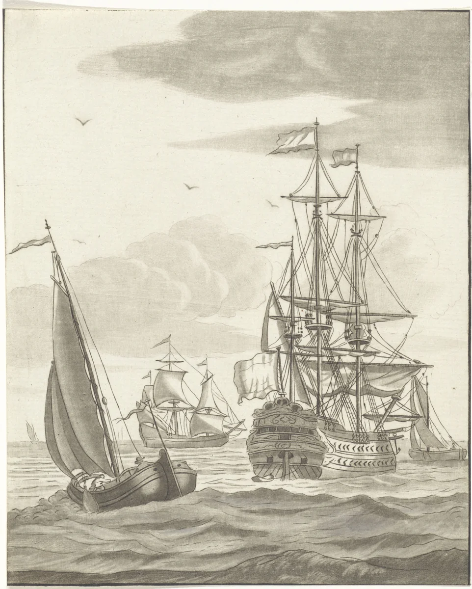 Oorlogschip en drie zeilschepen op volle zee by Bernhard Schreuder, print, 1767-1780