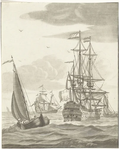Oorlogschip en drie zeilschepen op volle zee by Bernhard Schreuder, print, 1767-1780